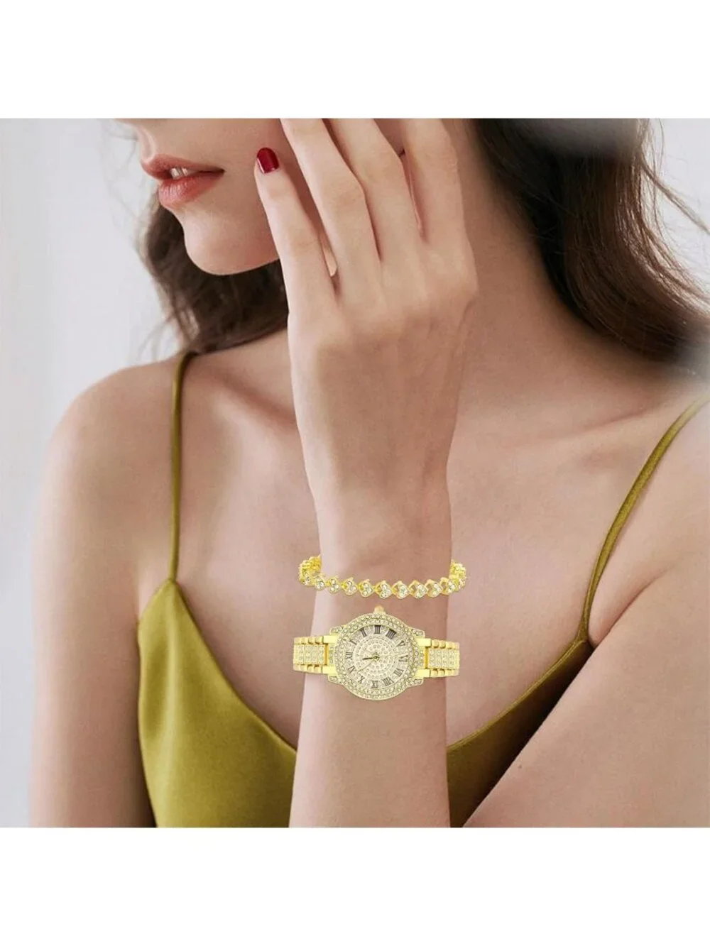 Women's All Gold Analog Quartz Diamond Bracelet Set Luxury Cubic Zirconia Watch